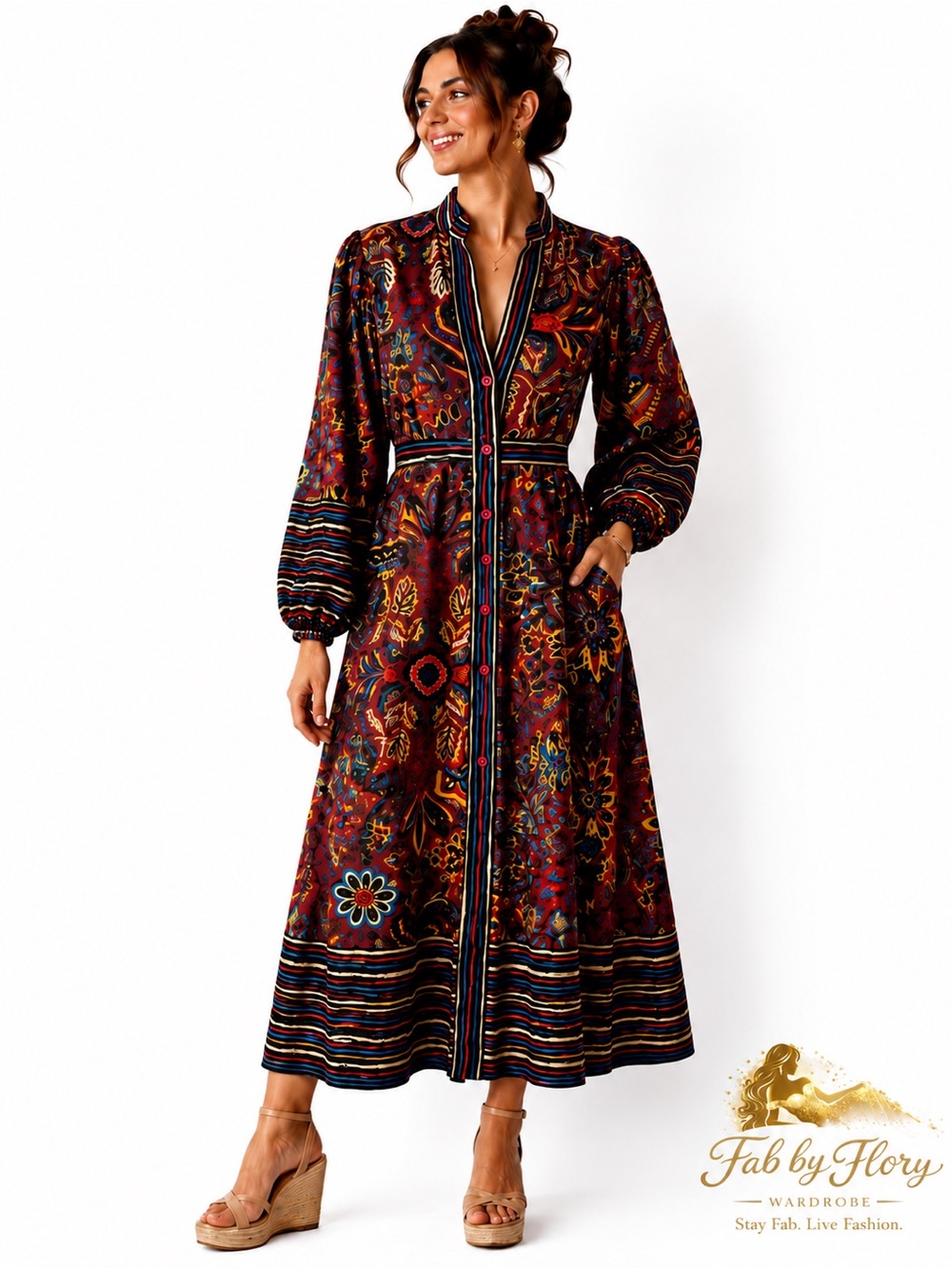 Truly 4 You ✨ Bohemian Floral Button-Front Maxi Dress - Burgundy
